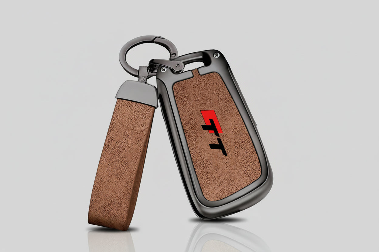 Brown leather keychain with red and black logo on a gray background, featuring the brand 'LINKAILI'.