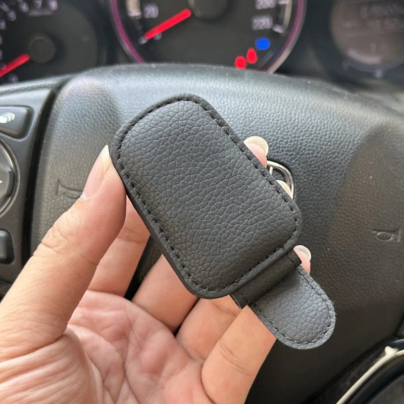 Universal Magnetic Leather Sunglasses Holder for Car Sun Visor Clip Glasses Case plus Card Ticket Holder Black