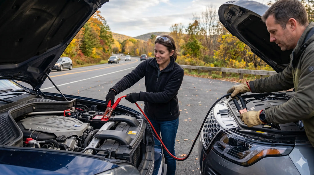 Driver using a portable car jump starter to safely start a flat battery in Australia