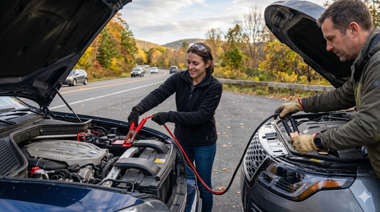 Driver using a portable car jump starter to safely start a flat battery in Australia