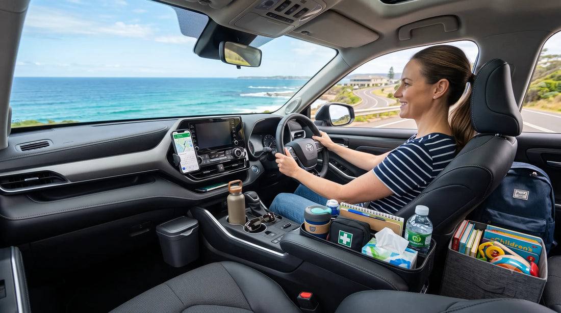 Well-organized car interior showing multiple storage solutions including backseat organizer