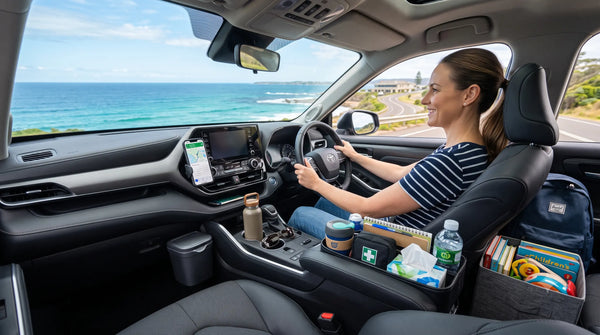Well-organized car interior showing multiple storage solutions including backseat organizer