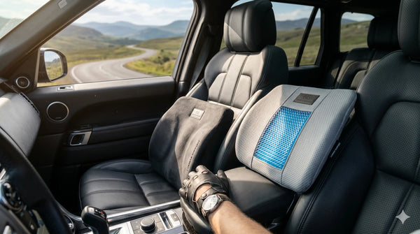 Memory foam and gel car lumbar cushions installed on driver seats for ergonomic back support during long drives