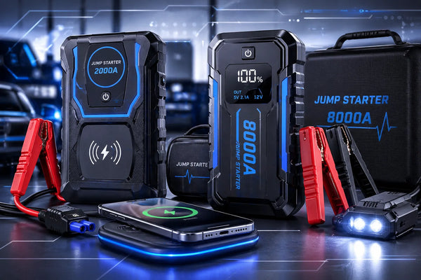 Portable car jump starters and battery boosters