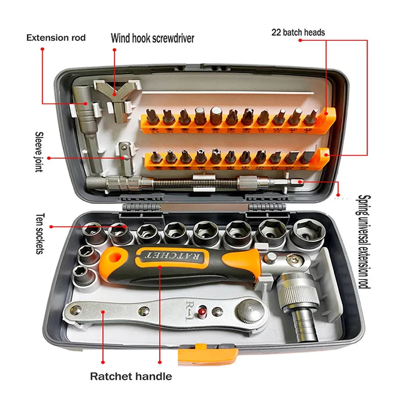 38-in-1 Socket Wrench Ratchet Screwdriver Set Portable Tool Kit