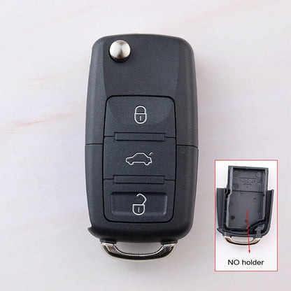 Car key fob with three buttons on a white background, inset showing key fob without holder.