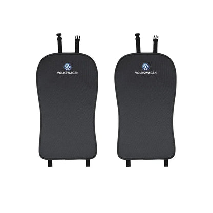 Two black Volkswagen car seat covers on a white background