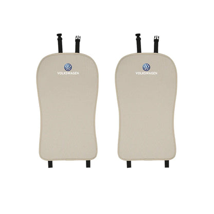 Two beige Volkswagen car seat covers on a white background