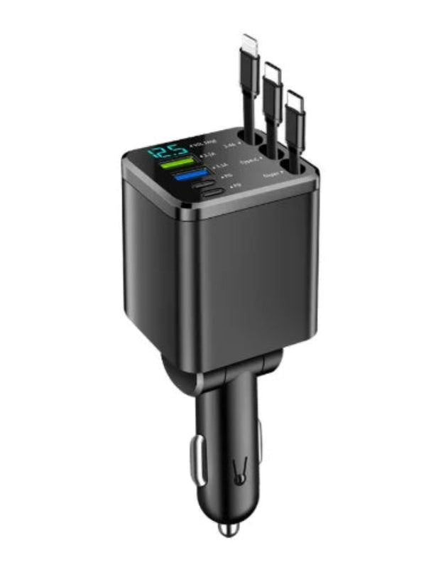 5-in-1 Retractable Car Charger – 150W Fast Charging, iPhone + Android