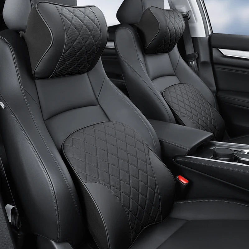 Car Headrest Lumbar Support Cushion Memory Foam PU Leather Brown