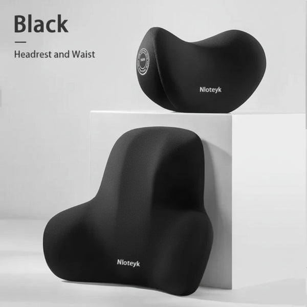 Car Pillow Headrest and Lumbar Support Set, Ergonomic Neck + Back Cushion