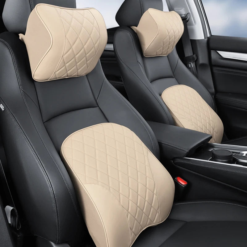 Car Lumbar Cushion Memory Foam Neck Support PU Leather Beige