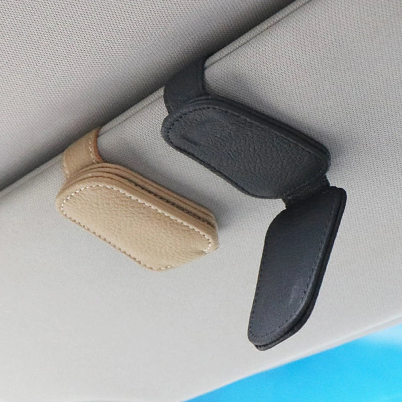 Universal Magnetic Leather Sunglasses Holder for Car Sun Visor Clip Glasses Case plus Card Ticket Holder Black