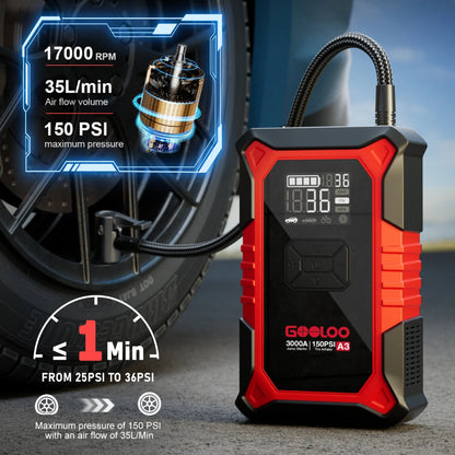 GOOLOO A3 3000A Tyre Inflator 150PSI Auto Shutoff Display