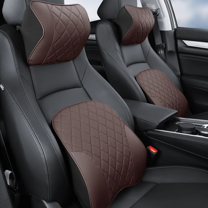Car Headrest Memory Foam Pillow Set Brown Lumbar Back Support