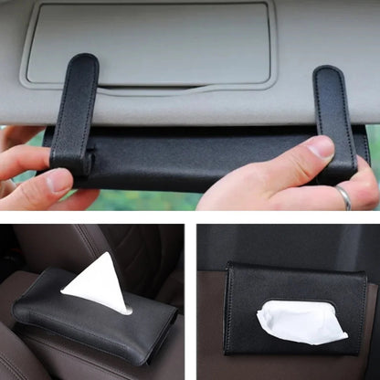 PU Leather Car Hanging Tissue Holder – Elegant Black Tissue Box Organizer
