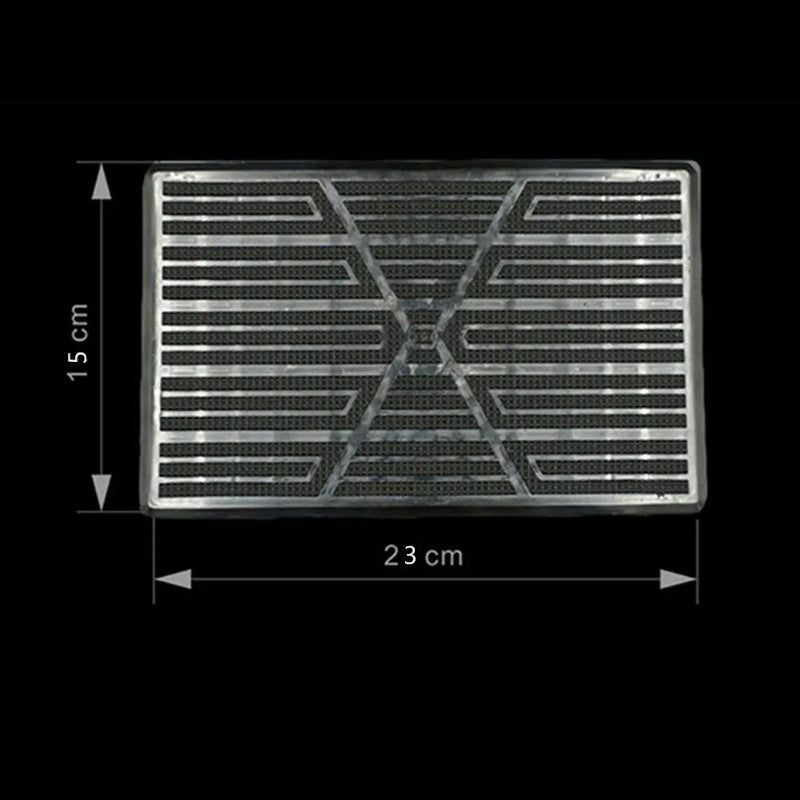 Metallic grille with dimensions labeled on a black background