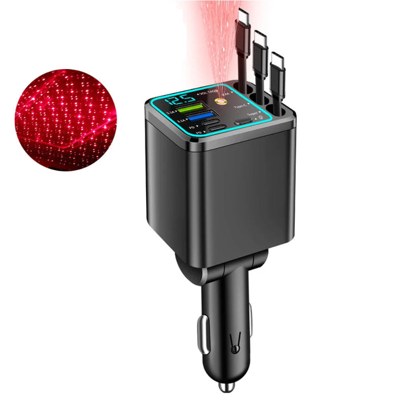 5-in-1 Car Charger Retractable Cables iPhone Android Compatibility