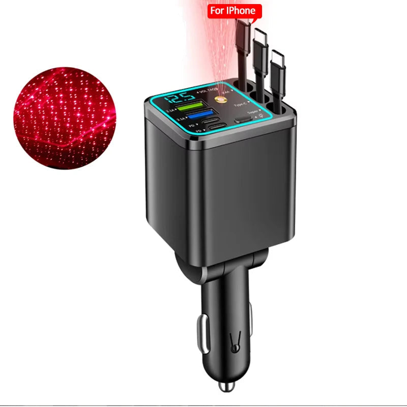 5-in-1 Retractable Car Charger 150W USB-C Fast Charging Front View
