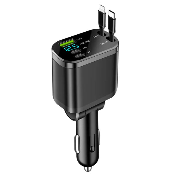 5-in-1 Retractable Car Charger – 150W Fast Charging, iPhone + Android