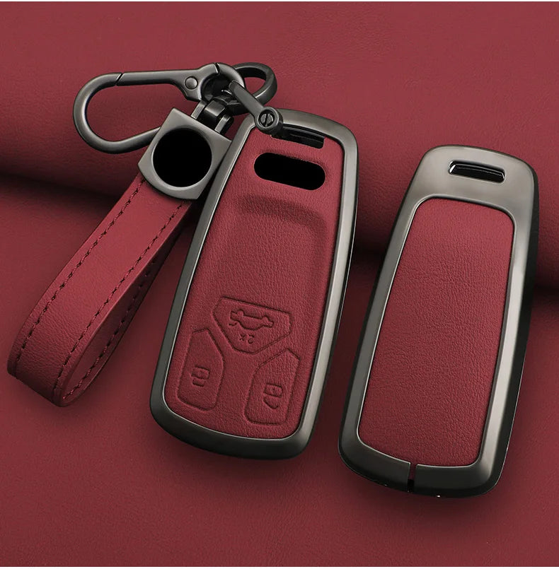Red car key fob with keychain on a red background