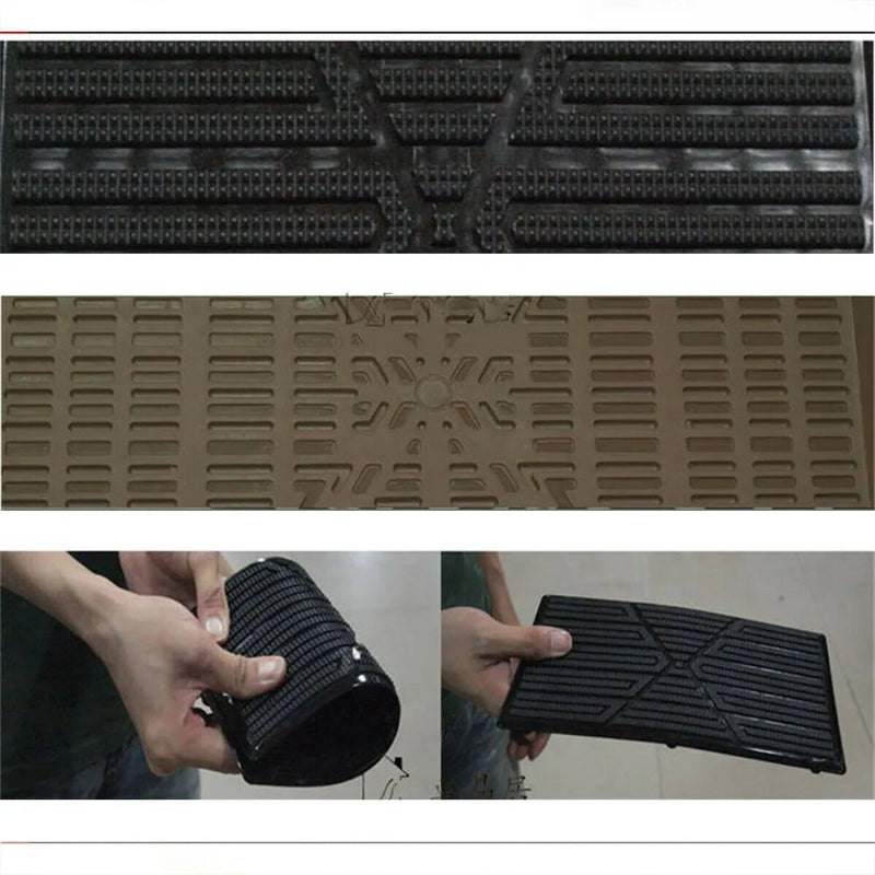 Collage of black and brown rubber mats with textured patterns, held by a person.