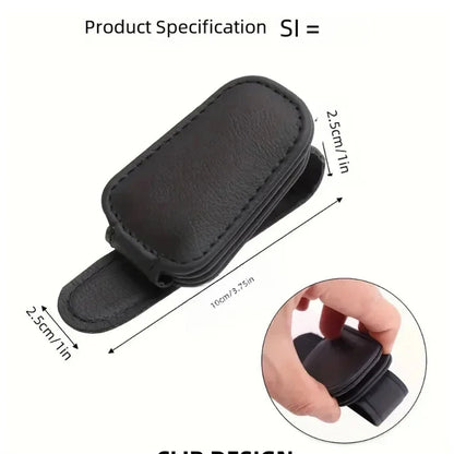 Universal Magnetic Leather Sunglasses Holder for Car Sun Visor Clip Glasses Case plus Card Ticket Holder Black