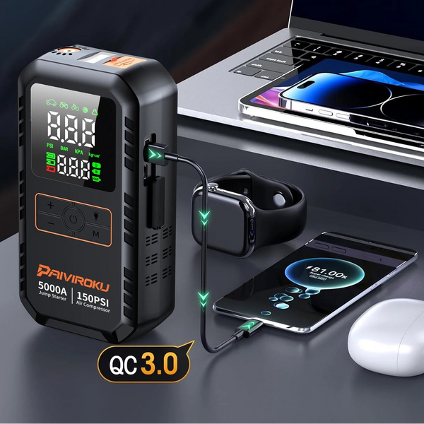 Jump Starter 4 in 1, Air Compressor 150PSI 12V 12000mAh Power Bank