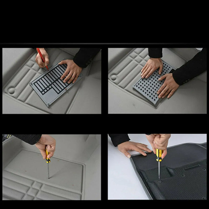Step-by-step process of installing a car mat with tools on a car floor.