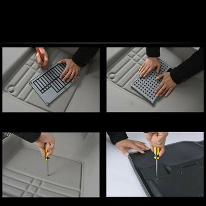 Step-by-step process of installing a car mat with tools on a car floor.