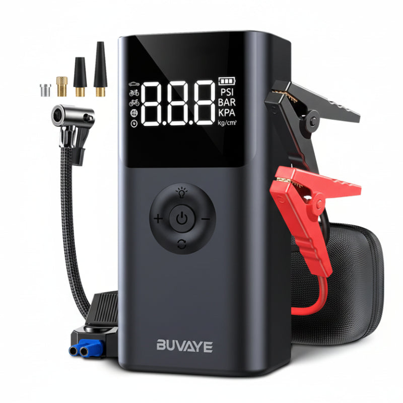 BUVAYE 2500A Jump Starter 150PSI Air Pump Power Bank Front View