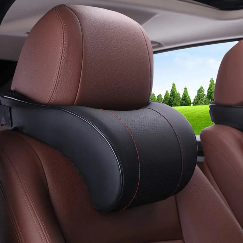 Car Neck Pillow PU Leather Memory Foam Black Elastic Straps
