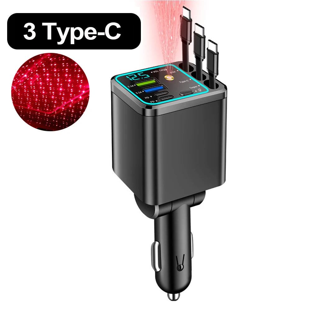 5-in-1 Car Charger Retractable Cables iPhone Android Compatibility