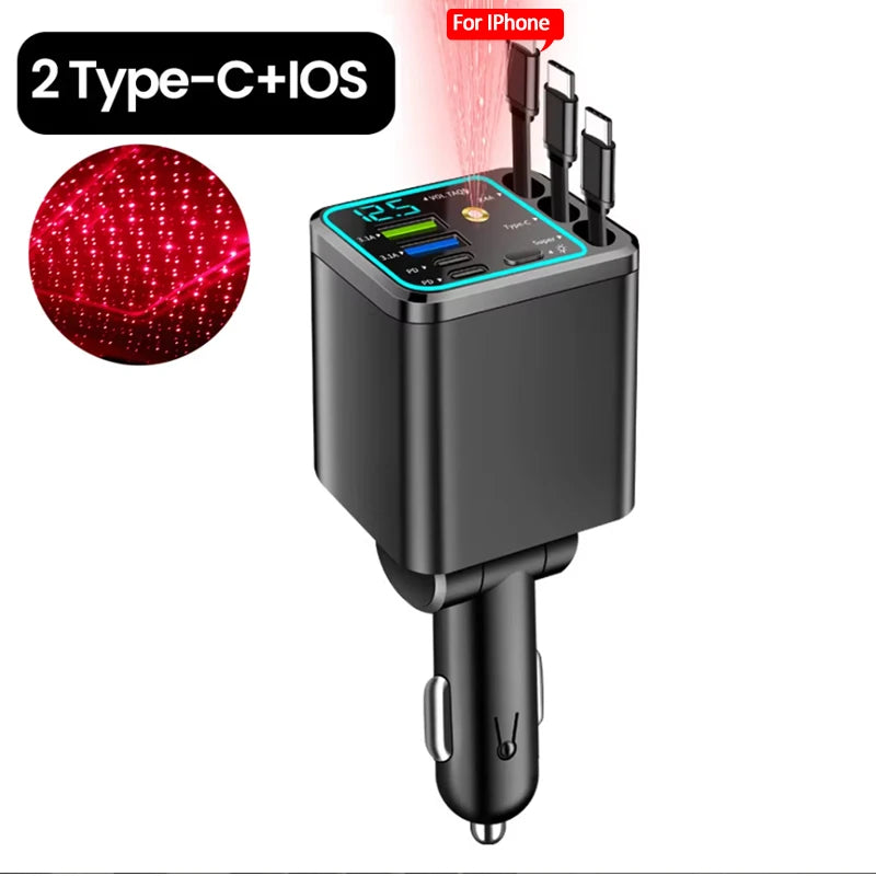 5-in-1 Retractable Car Charger 150W USB-C Fast Charging Front View