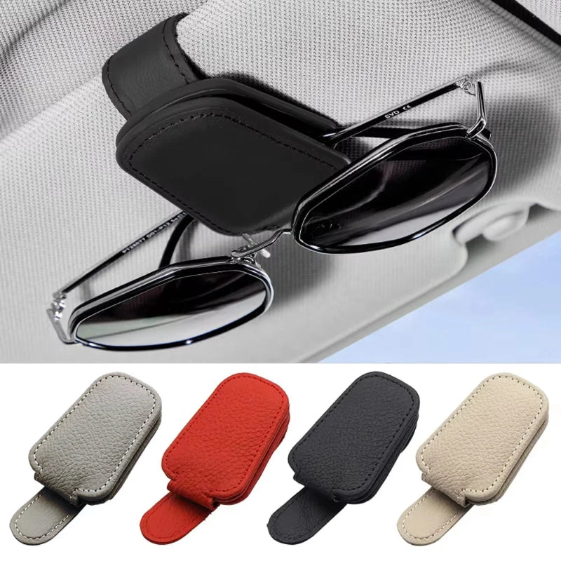 Universal Magnetic Leather Sunglasses Holder for Car Sun Visor Clip Glasses Case plus Card Ticket Holder Black