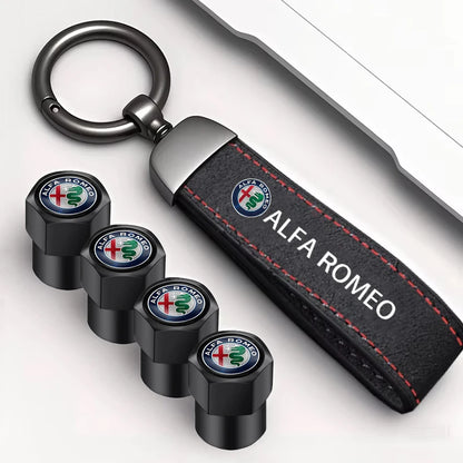 Valve Caps with Suede Keychain Alfa Romeo