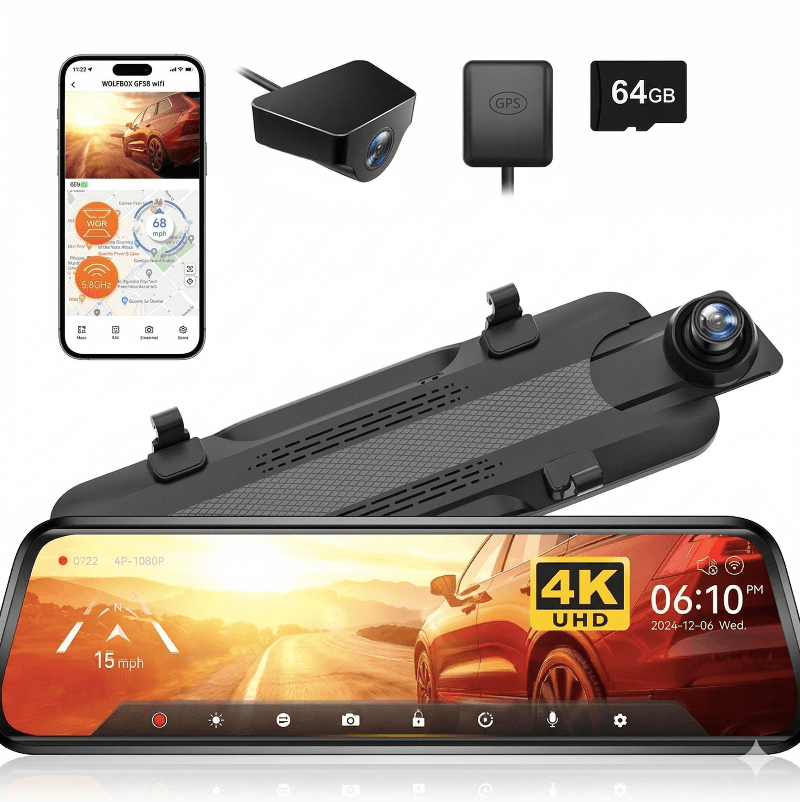 WOLFBOX G930 4K Mirror Dash Cam WiFi GPS 10 Inch Front View