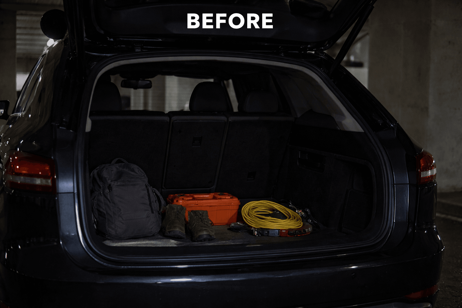 Dark car boot with gear barely visible, before installing an LED light strip, labelled "before"