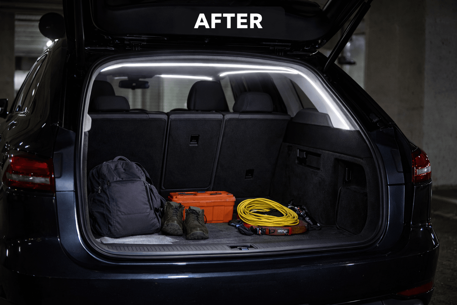 Open car boot lit by an LED strip with neatly arranged gear inside, labelled "after"