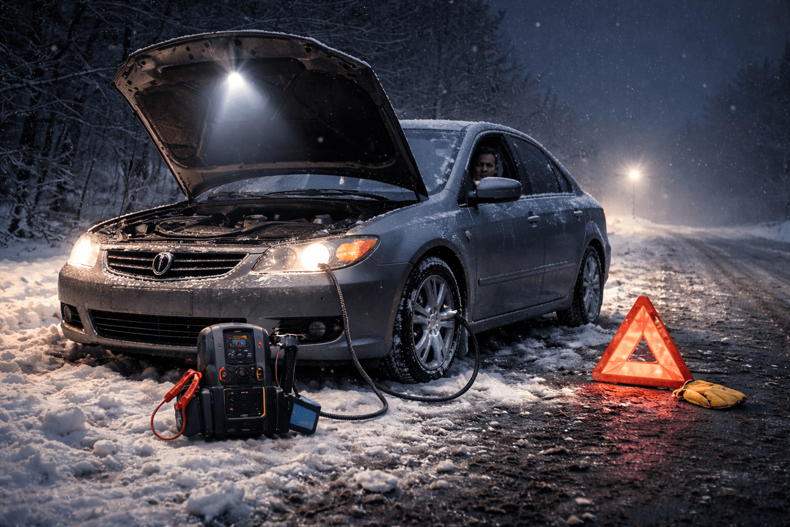 Car broken down on a snowy road at night with bonnet up, portable jump starter connected and warning triangle