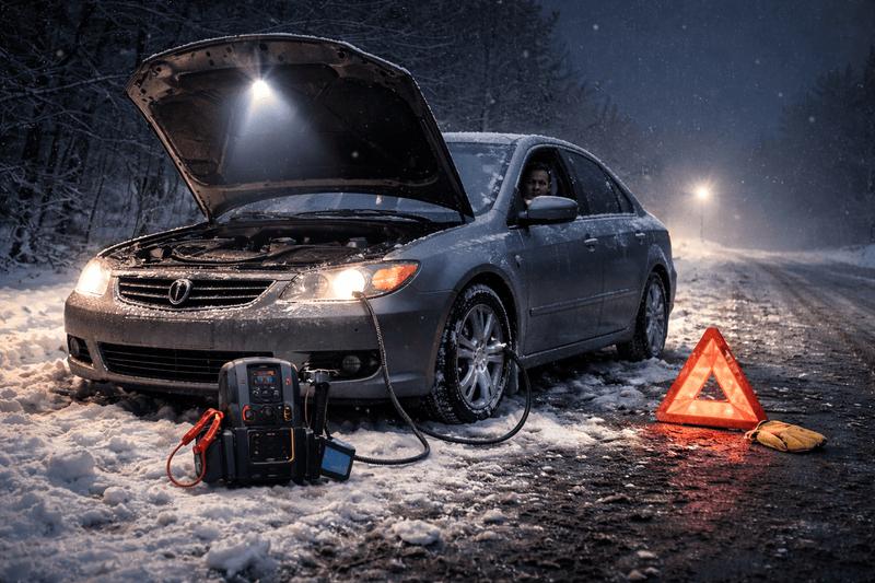 Car broken down on a snowy road at night with bonnet up, portable jump starter connected and warning triangle