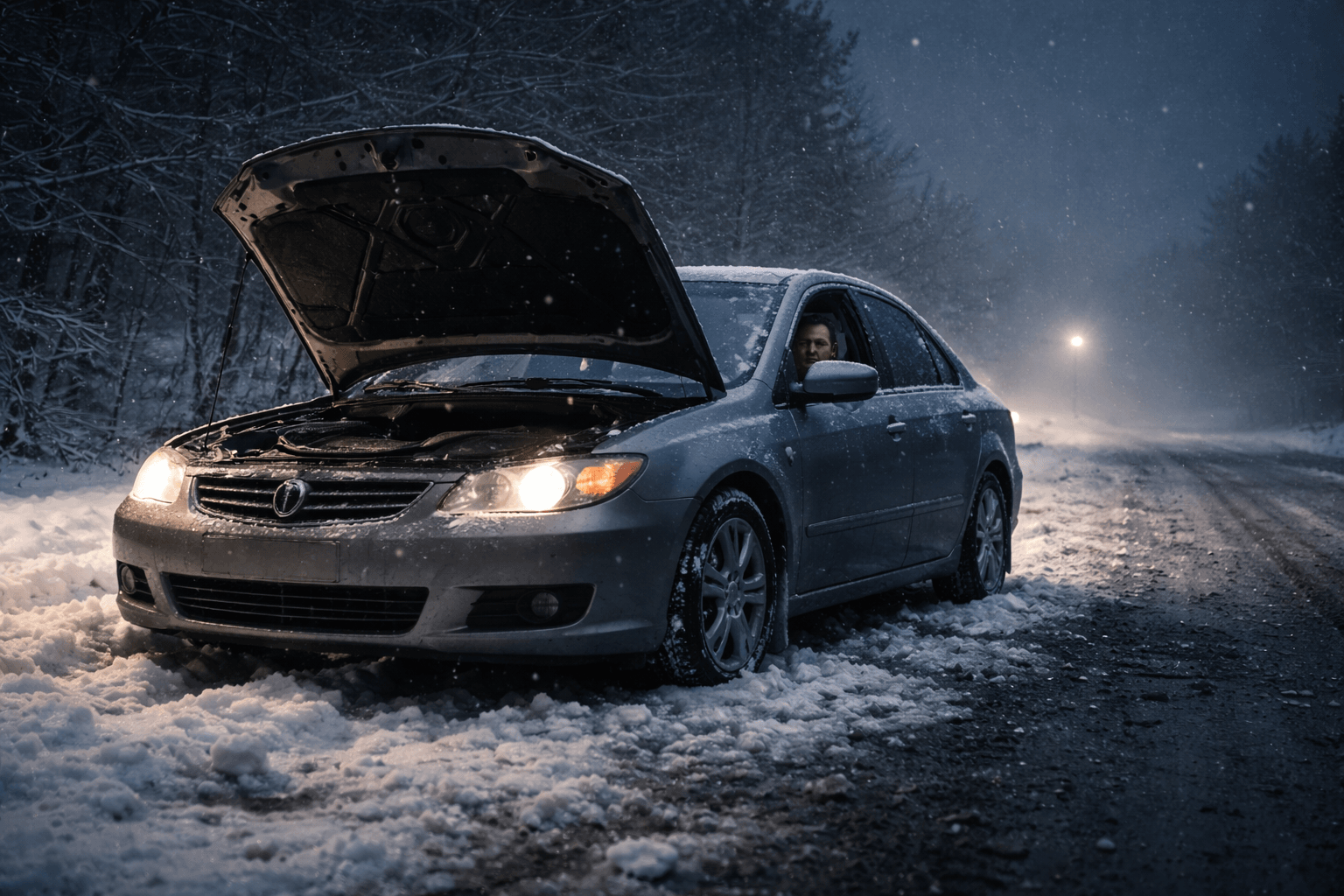 Car broken down with bonnet up on a snowy road at night, driver waiting inside