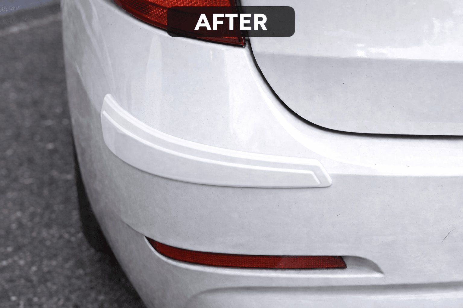 Close-up of a clean white car rear bumper with a corner protector fitted, labelled "after"