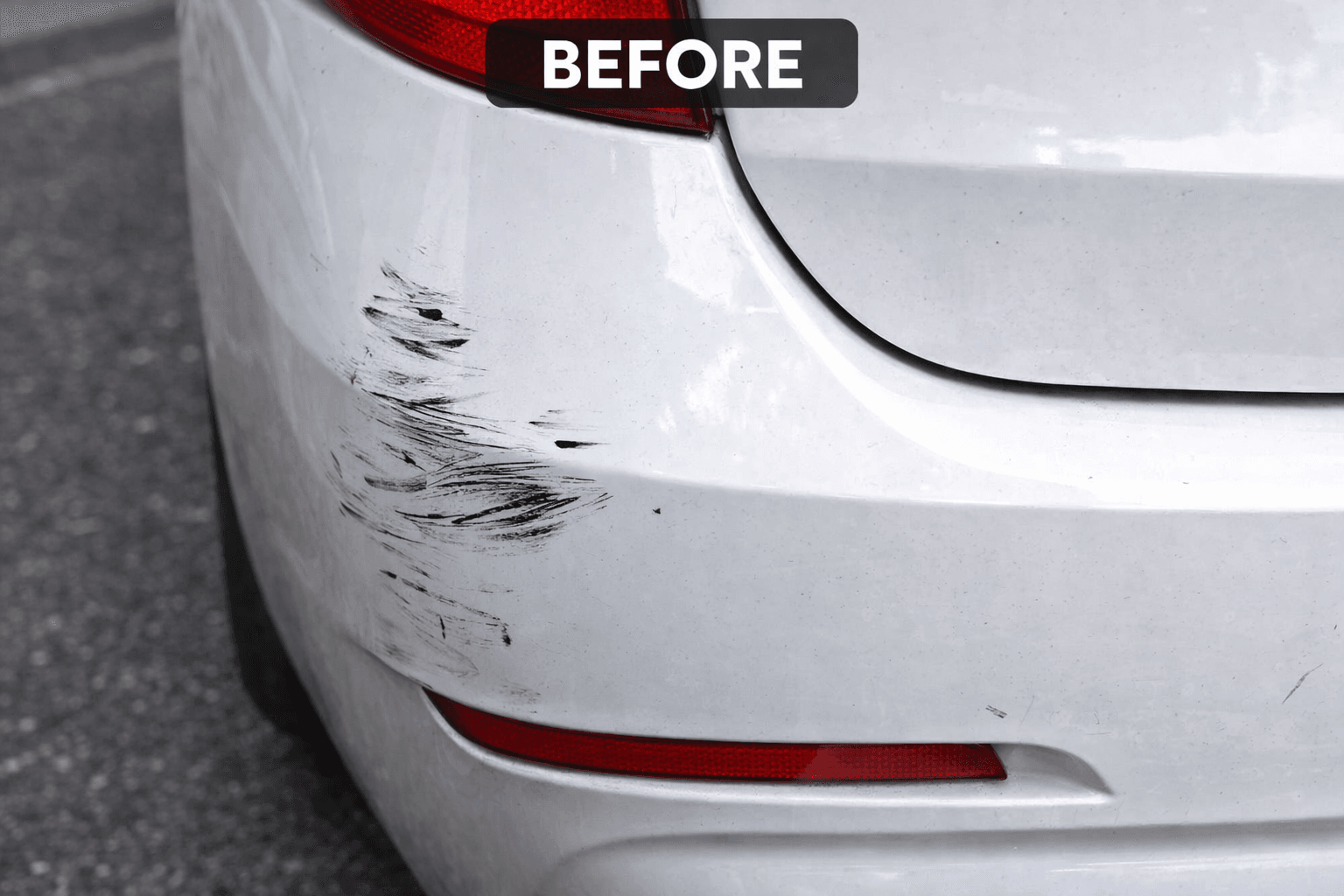 White car rear bumper with a visible black scuff and scratch, before fitting a corner protector, labelled "before"
