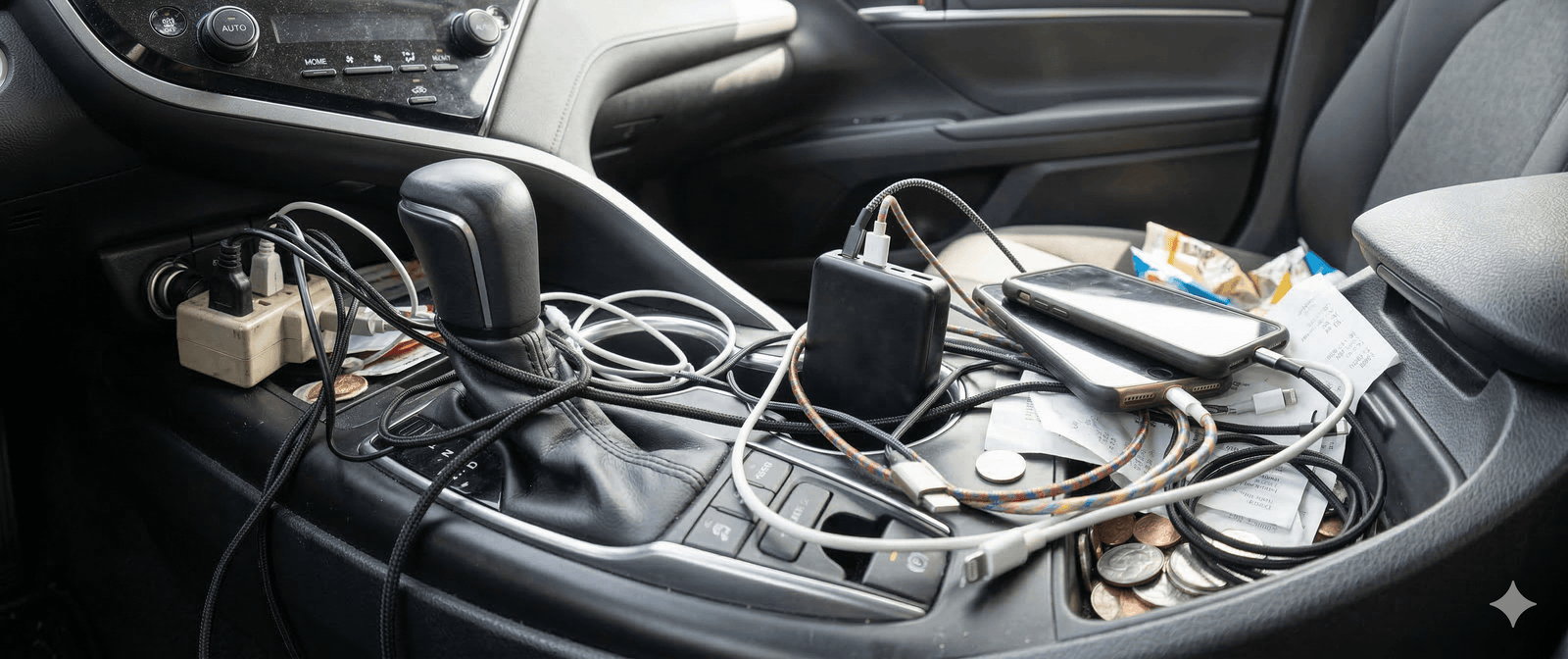 Messy car centre console with tangled charging cables and clutter before using a cable organiser