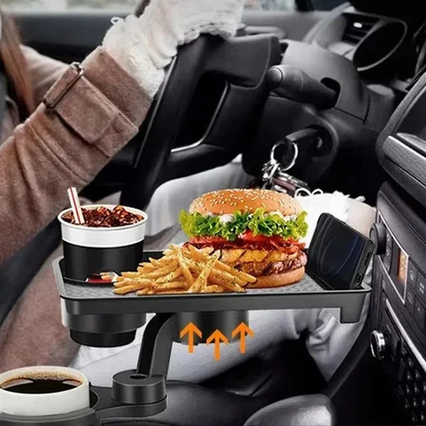 Car Cup Holder Tray, 360 Degree Rotating Dual Cup Organizer with Food Tray