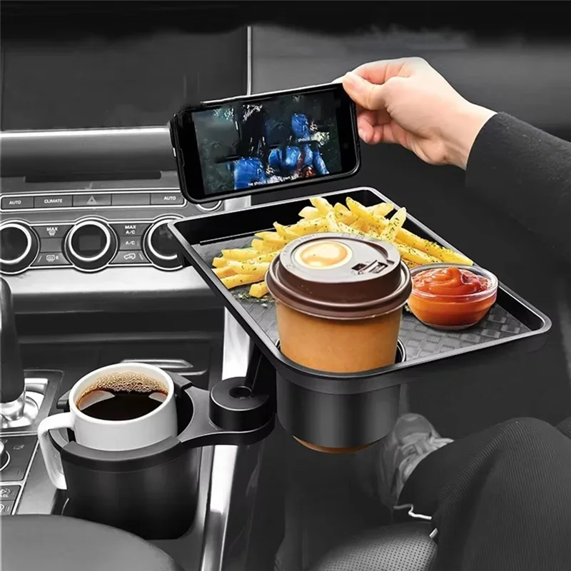 Car interior cup organizer with food tray