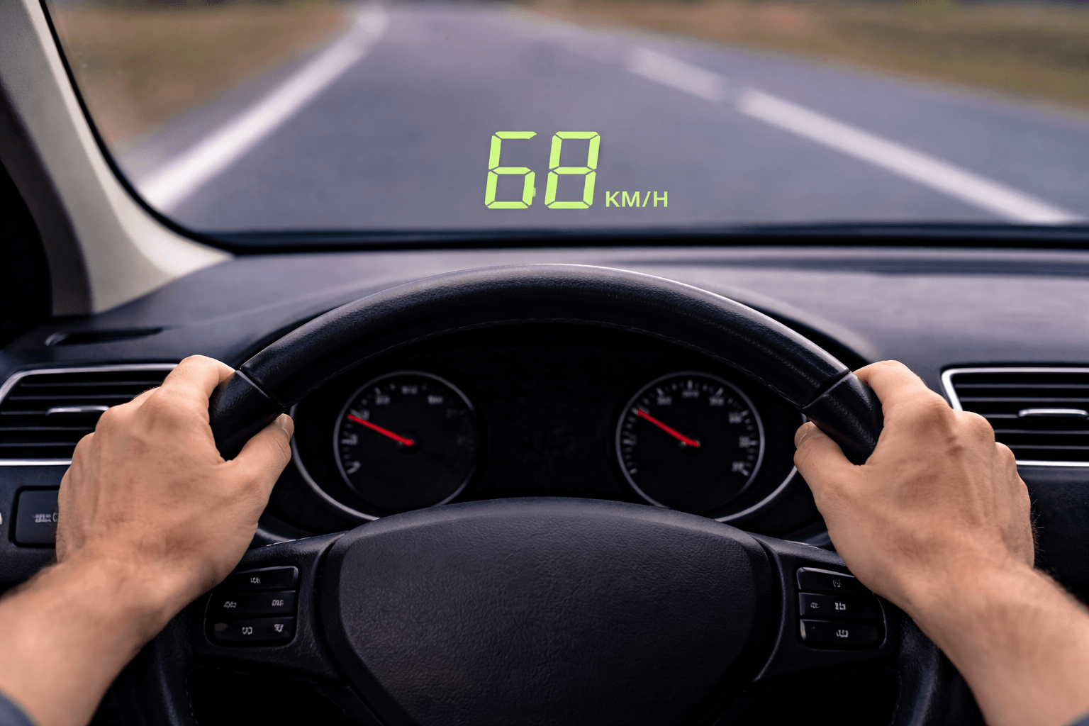 Driver's view with a heads-up display projecting 68 km/h onto the windscreen on an open road