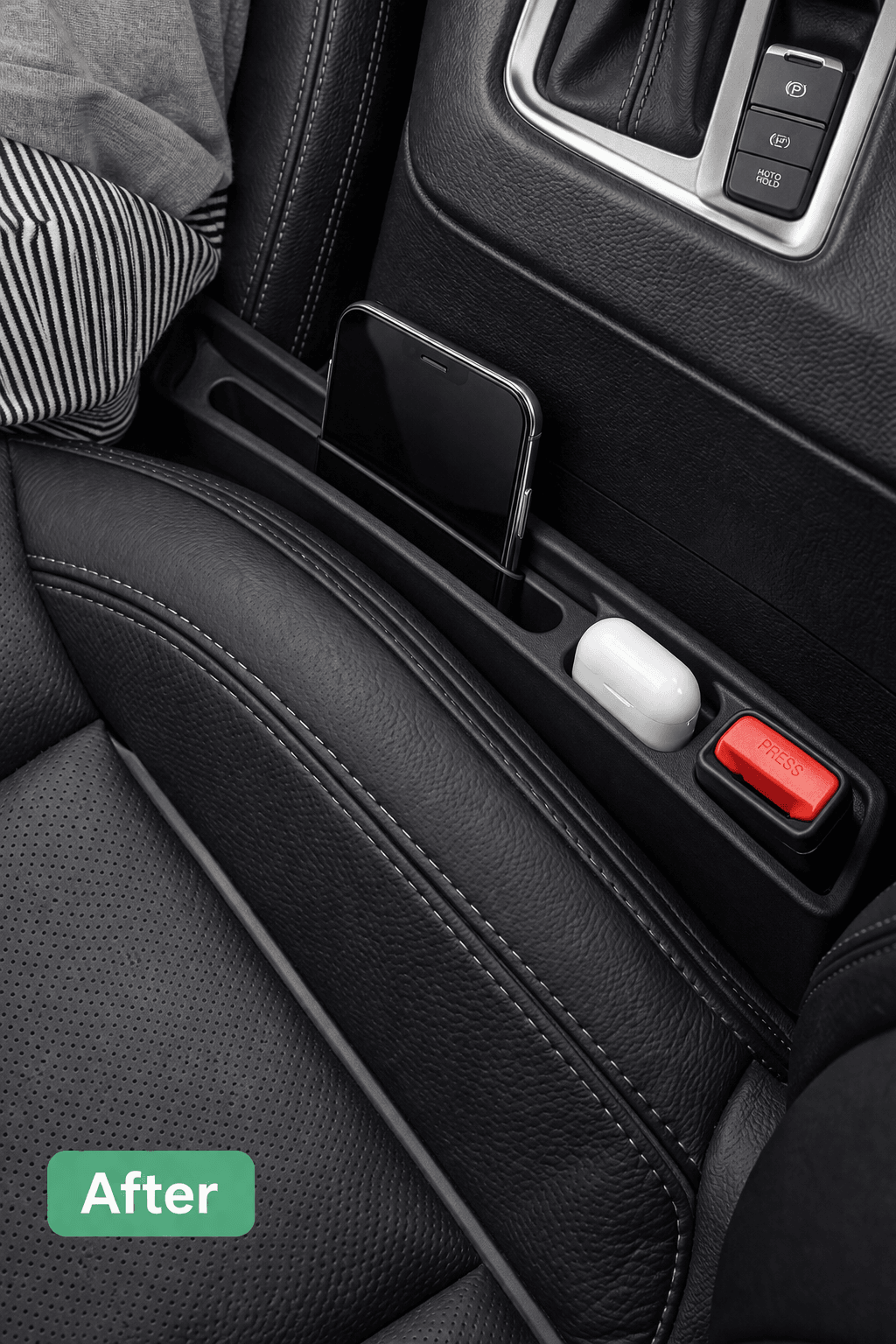 Car seat gap filler installed between the seat and console, holding a phone, labelled "after"