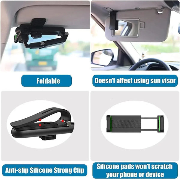 Car Sun Visor Phone Holder, 360 Degree Rotating Clip Mount for Smartphones